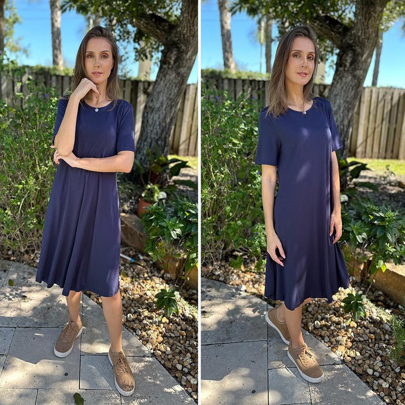 Locryz Womens Short Sleeve Pocket Casual Loose Swing Midi T Shirt Dress (L, Dark Blue) - Image 3